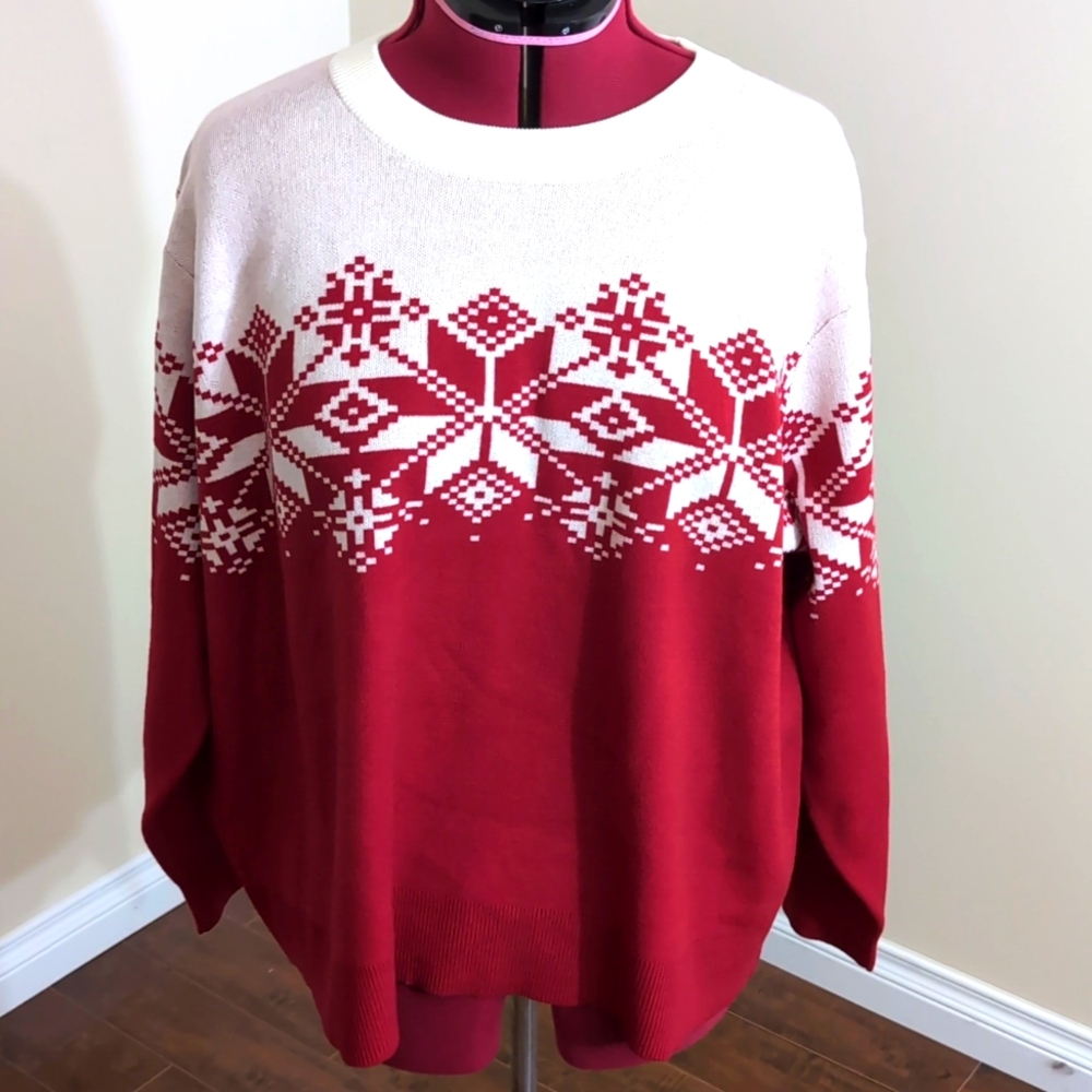 Joe Fresh| NWT Red and White Snow Flake Patterned Long Sleeve Crew Neck Sweater - Picture 1 of 15